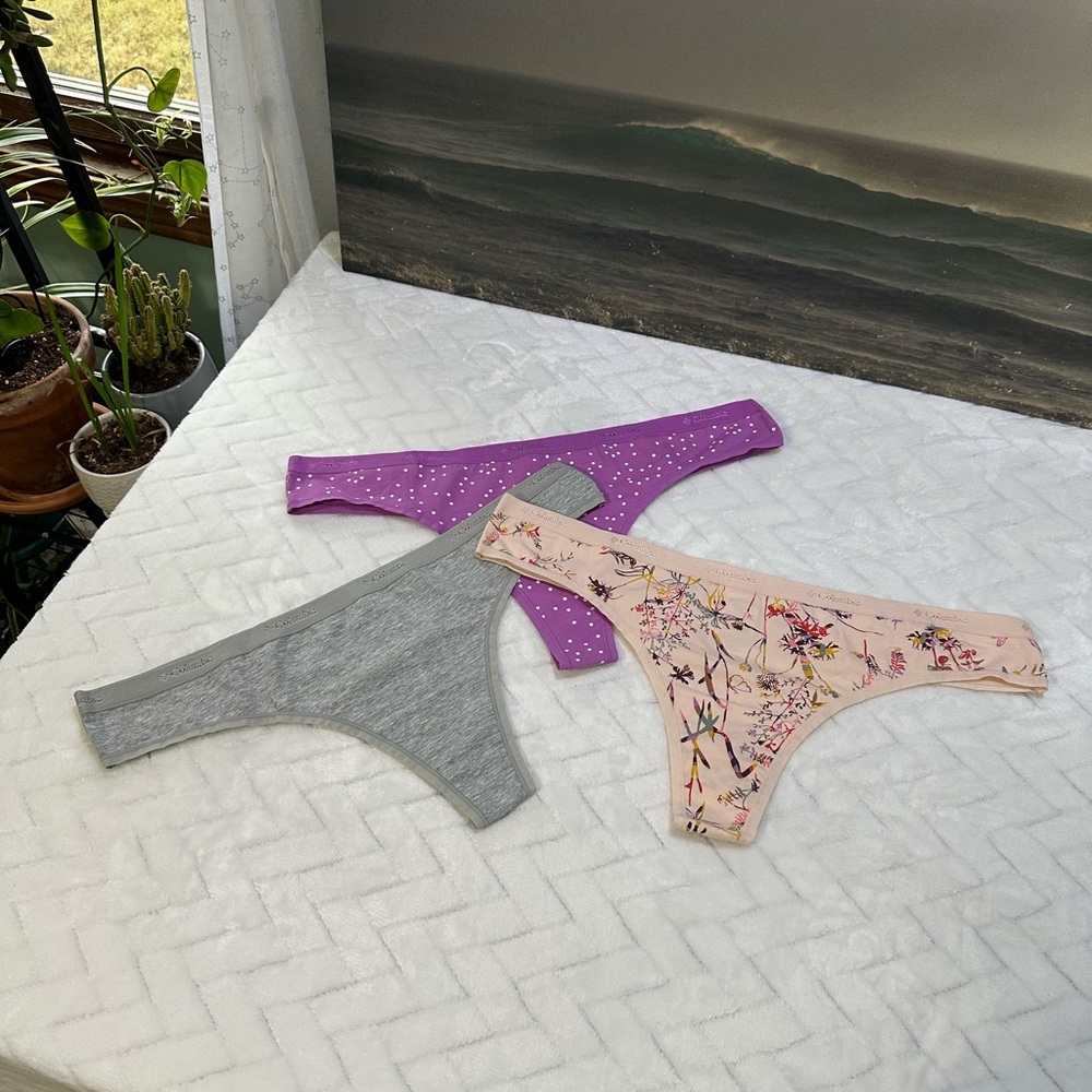 New $28 3 Pack Set Columbia Thongs Underwear Purple Dot Grey Pink Floral XL